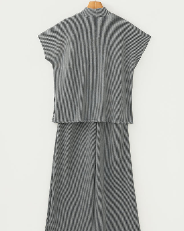 Dark Grey Twisted Ribbed High Neck Loose Tee Elastic High Waist Loose Pant Set