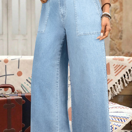 Sail Blue Plus Size Elastic Waist Ruffled Wide Leg Denim Pants