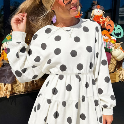 White Polka Dot Printed Long Sleeve Flared Mini Dress
