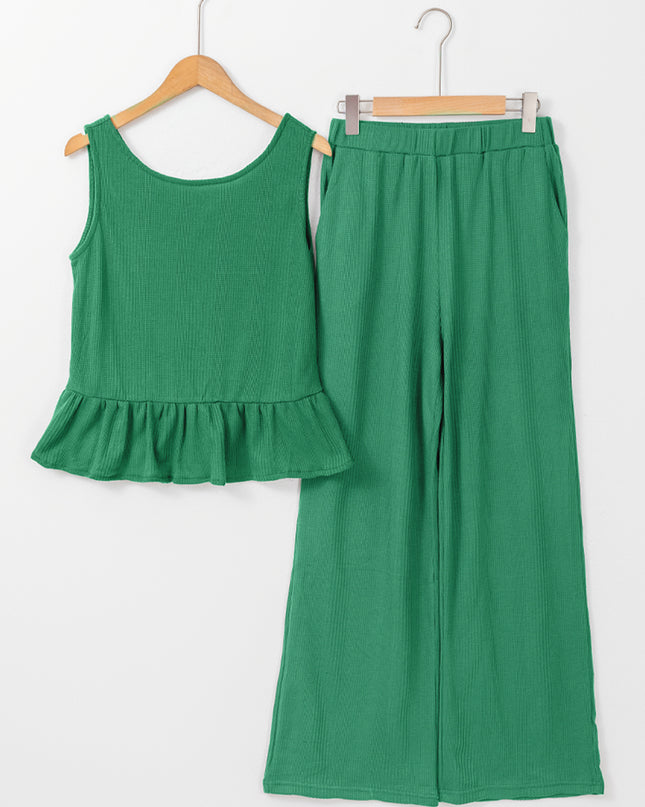 Beau Blue Solid Color Ribbed Ruffle Tank Top and Pants Set