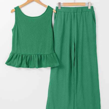 Beau Blue Solid Color Ribbed Ruffle Tank Top and Pants Set