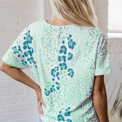 Leopard Print V Neck Short Sleeve Blouse