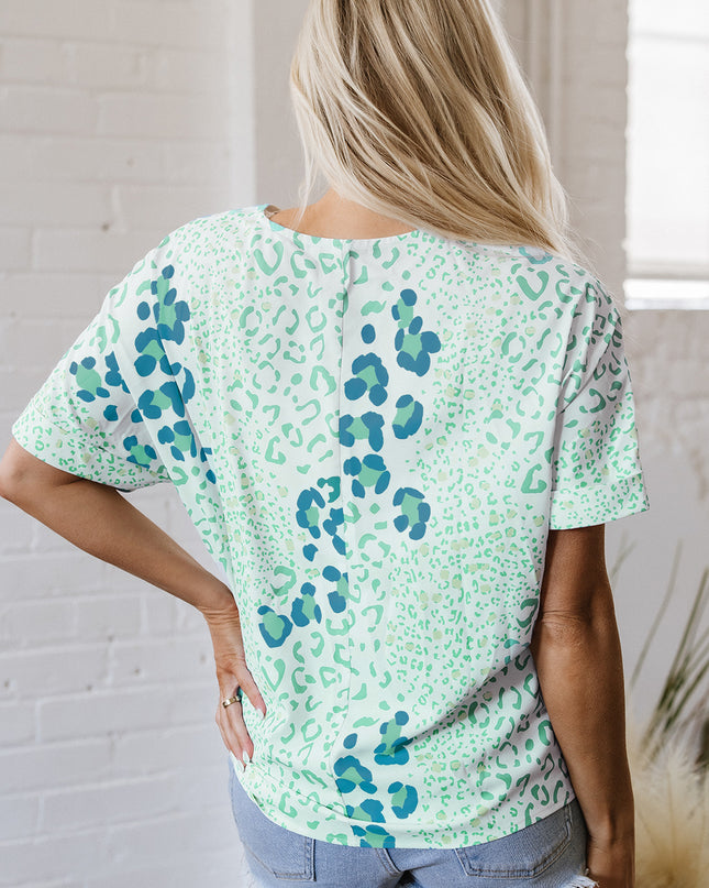 Leopard Print V Neck Short Sleeve Blouse