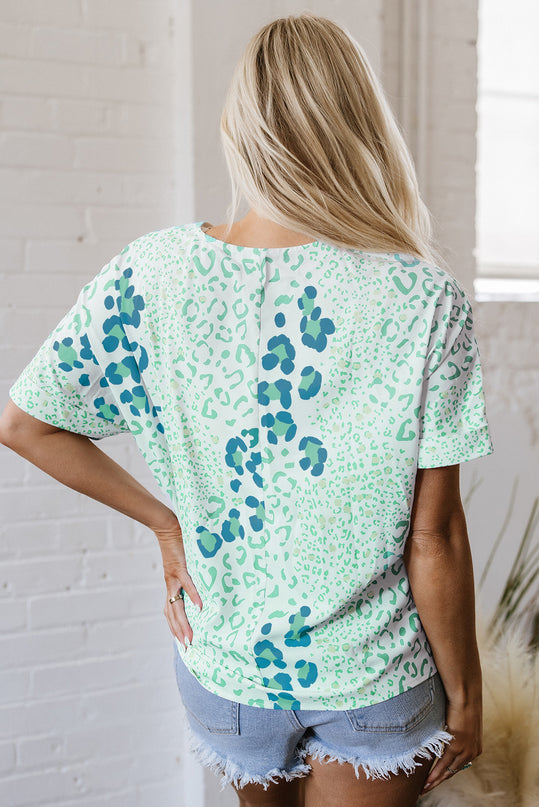 Leopard Print V Neck Short Sleeve Blouse