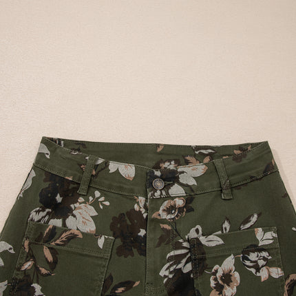 Green Vintage Floral Print Square Patch Pocket Raw Hem Shift Jeans