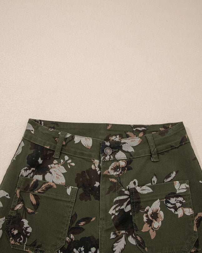 Green Vintage Floral Print Square Patch Pocket Raw Hem Shift Jeans