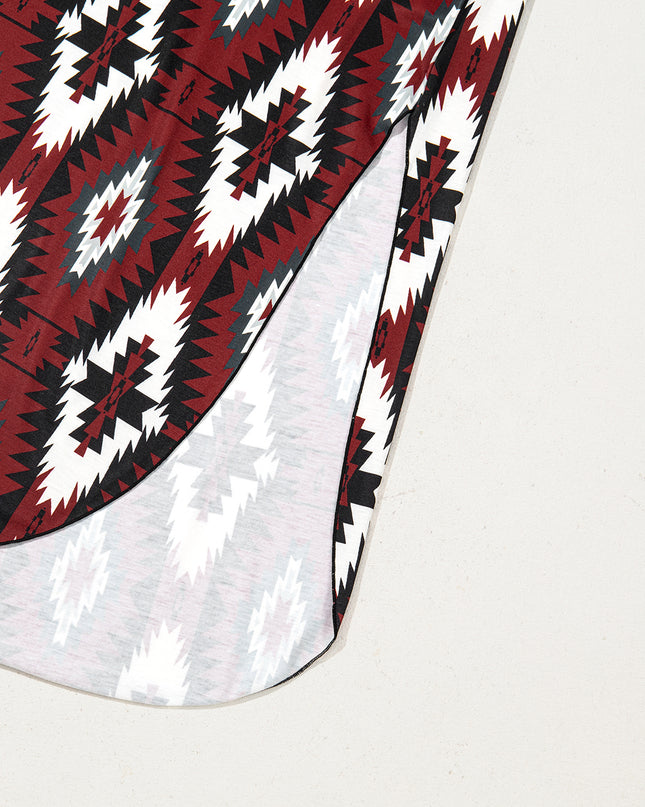 Red Western Aztec Printed Long T-shirt Dress
