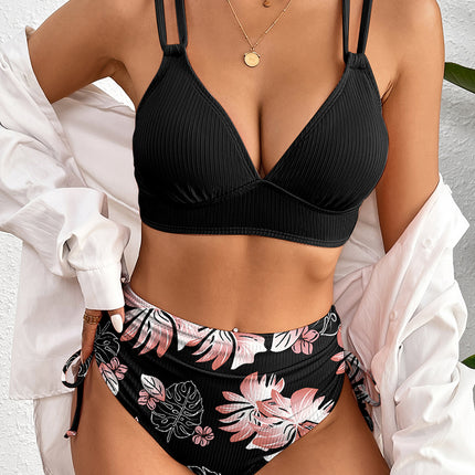 Black Ribbed Knit High Waist 2pcs Bikini Swimsuit