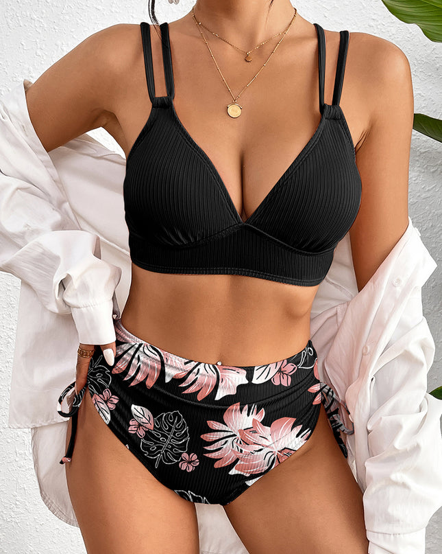 Black Ribbed Knit High Waist 2pcs Bikini Swimsuit