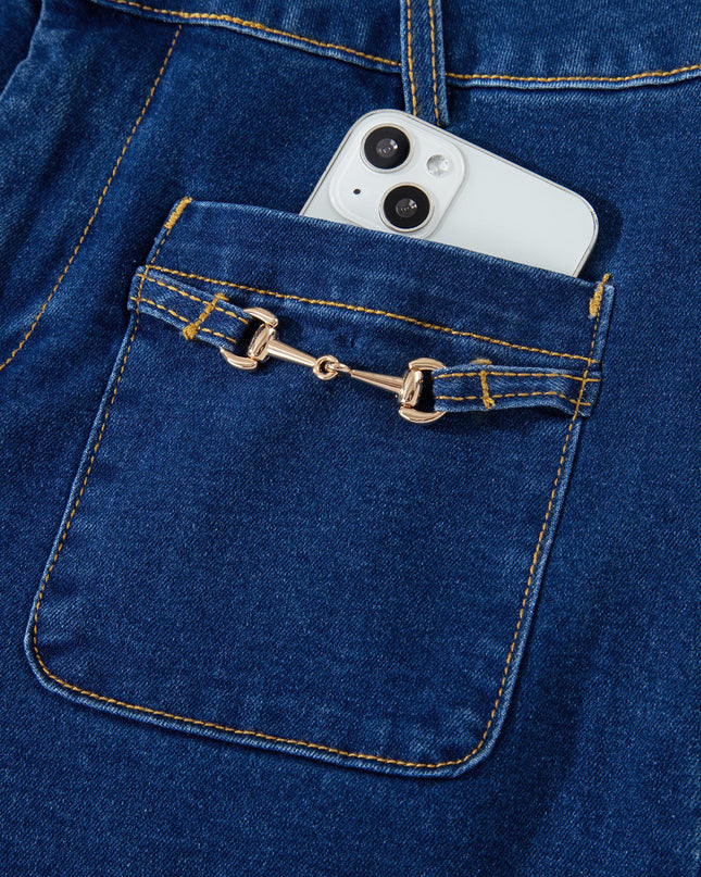 Sail Blue Hardware Decor Patched Pockets Wide Leg Jean Pants