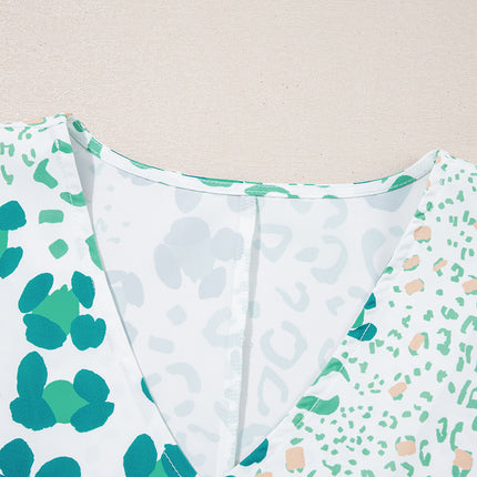 Leopard Print V Neck Short Sleeve Blouse