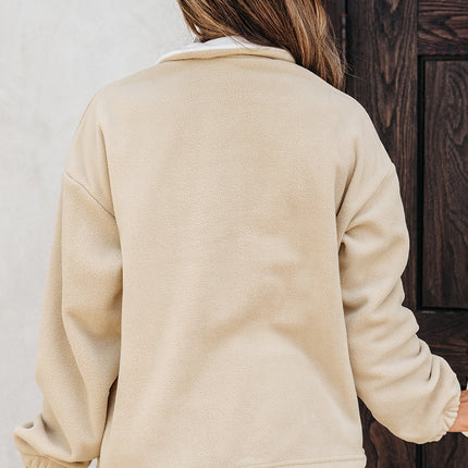 Parchment Fleece Colorblock Patchwork Zipped Neck Pullover Sweatshirt