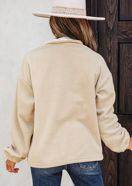 Parchment Fleece Colorblock Patchwork Zipped Neck Pullover Sweatshirt