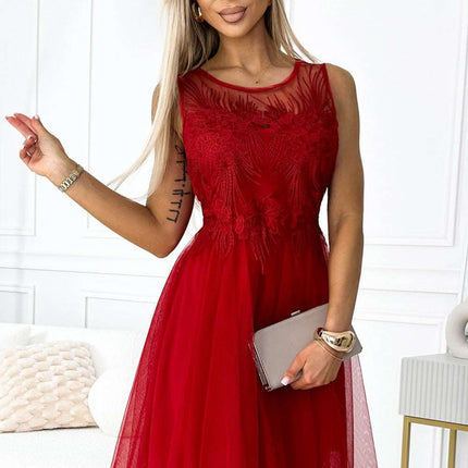 Red Dress with Guipure and Delicate Tulle – Caterina