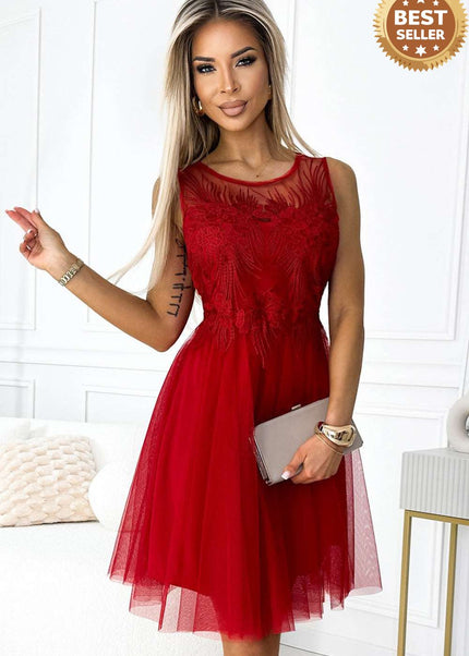 Red Dress with Guipure and Delicate Tulle – Caterina