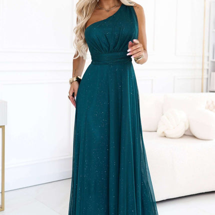 Bottle Green Glittery One-Shoulder Evening Dress