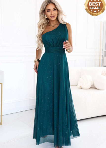 Bottle Green Glittery One-Shoulder Evening Dress