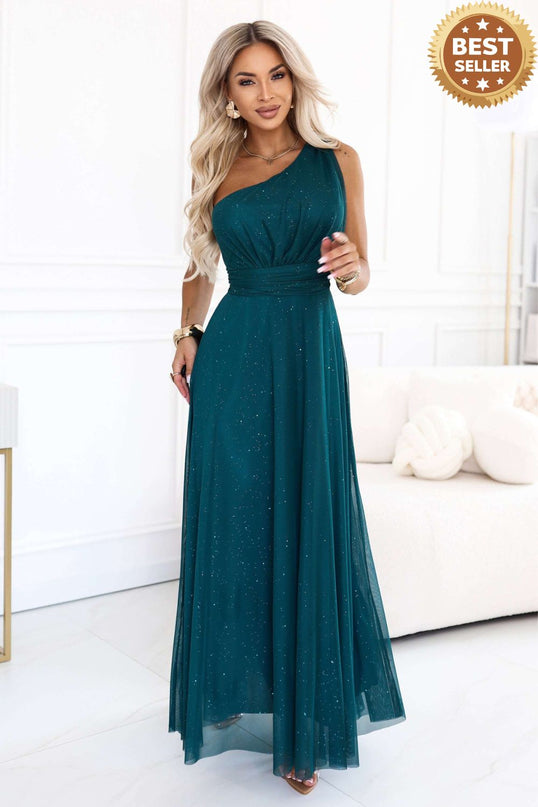 656-4 Long glittery evening dress with one shoulder - bottle green