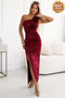 580-2 AURORA long satin one shoulder dress with roses - burgundy