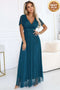 Bottle Green Long Shiny Dress with Neckline and Short Sleeves – Melania