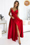 512-5 JULIET elegant long satin dress with a neckline and leg slit - red