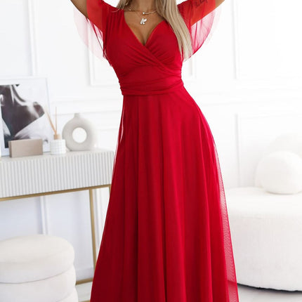 Red Long Dress with Neckline and Short Sleeves – Nastia