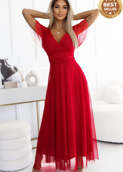 Red Long Dress with Neckline and Short Sleeves – Nastia