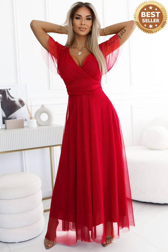 562-7 NASTIA Long dress with a neckline and short sleeves - red