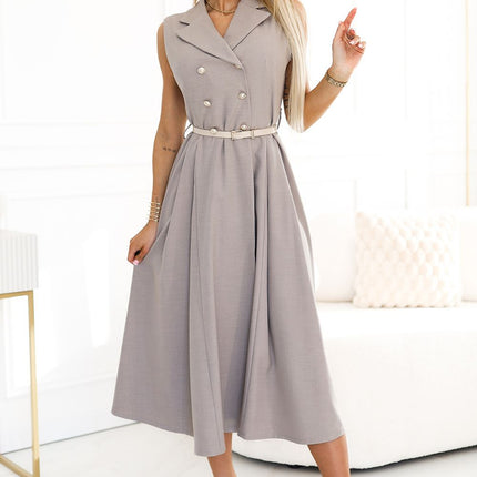 Gray Beige Midi Shirt Dress with Gold Buttons and Belt