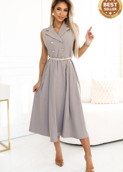 Gray Beige Midi Shirt Dress with Gold Buttons and Belt