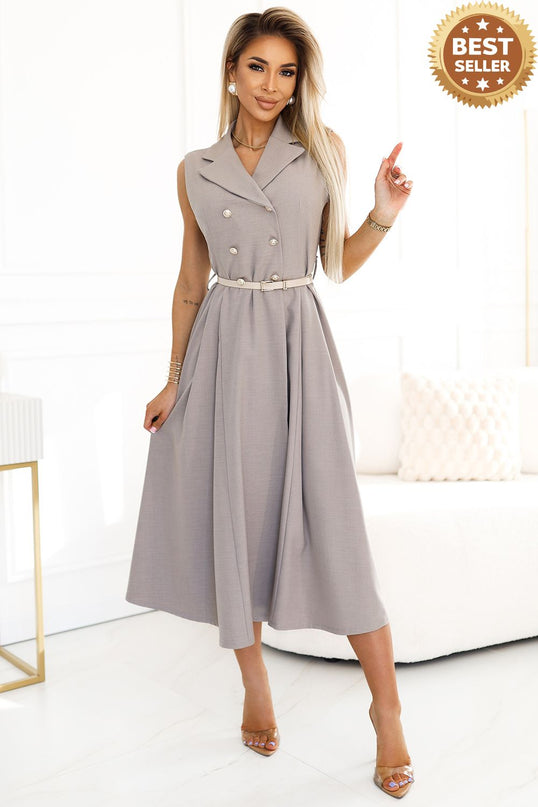 596-2 Elegant midi shirt dress with gold buttons and belt - gray beige