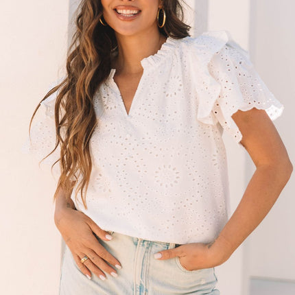 White Broderie Anglaise Ruffle Short Sleeve Blouse