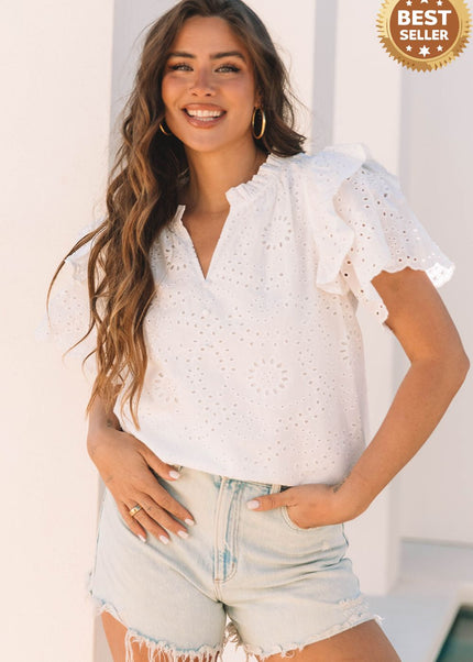 White Broderie Anglaise Ruffle Short Sleeve Blouse
