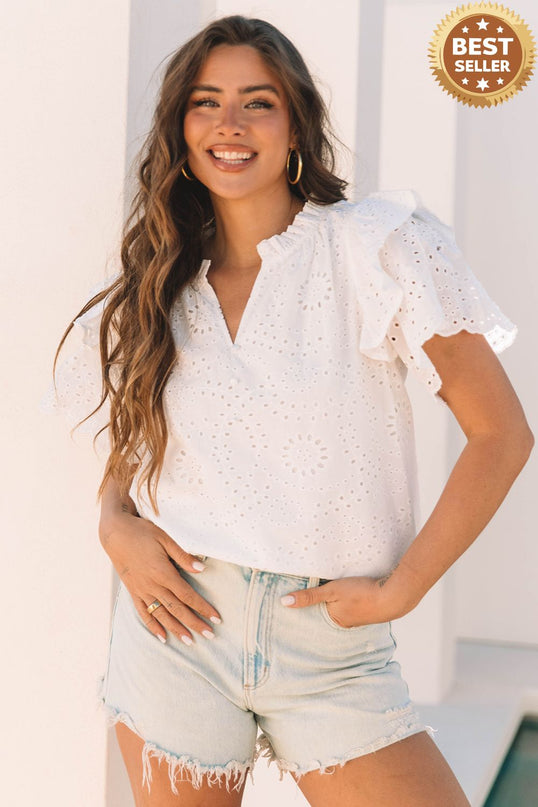 White Broderie Anglaise Ruffle Short Sleeve Blouse