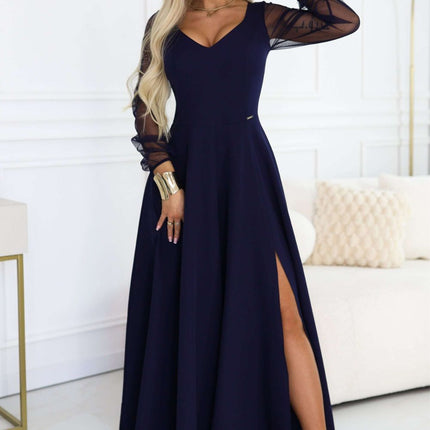 Navy Blue Long Dress with Tulle Sleeves and Neckline – Loretta