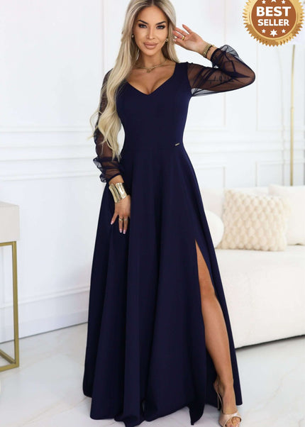 Navy Blue Long Dress with Tulle Sleeves and Neckline – Loretta