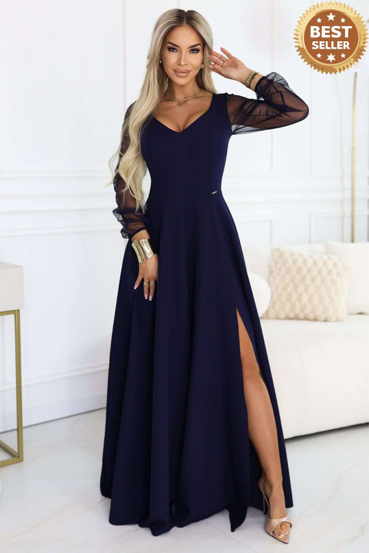 640-3 LORETTA unique long dress with tulle sleeves and neckline - navy blue