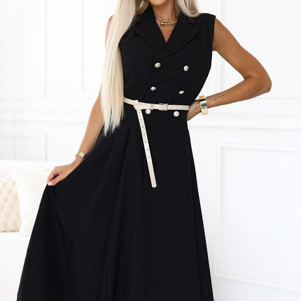 596-3 Elegant midi shirt dress with gold buttons and belt - black