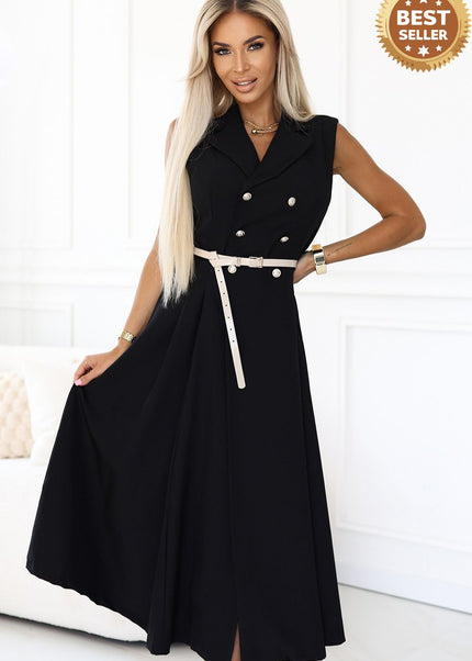 596-3 Elegant midi shirt dress with gold buttons and belt - black