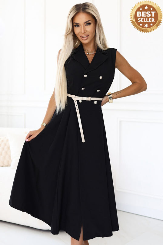 596-3 Elegant midi shirt dress with gold buttons and belt - black