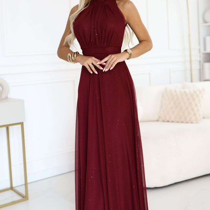 Burgundy Long Dress with Brocade Accent – Veronica