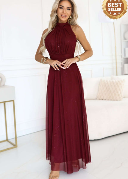 Burgundy Long Dress with Brocade Accent – Veronica
