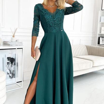 Elegant Green Lace Long Dress with Neckline – Amber