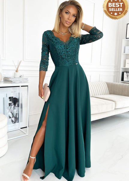 Elegant Green Lace Long Dress with Neckline – Amber