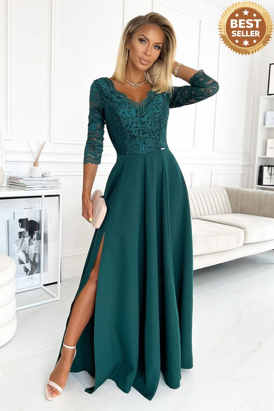 309-5 AMBER elegant lace long dress with a neckline - green