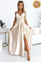 512-3 JULIET elegant long satin dress with a neckline and leg slit - Beige