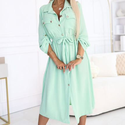 Light Mint Midi Shirt Dress with Gold Buttons and Tie