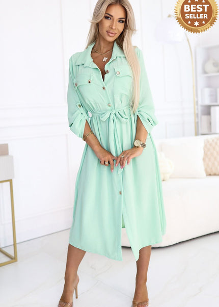 Light Mint Midi Shirt Dress with Gold Buttons and Tie
