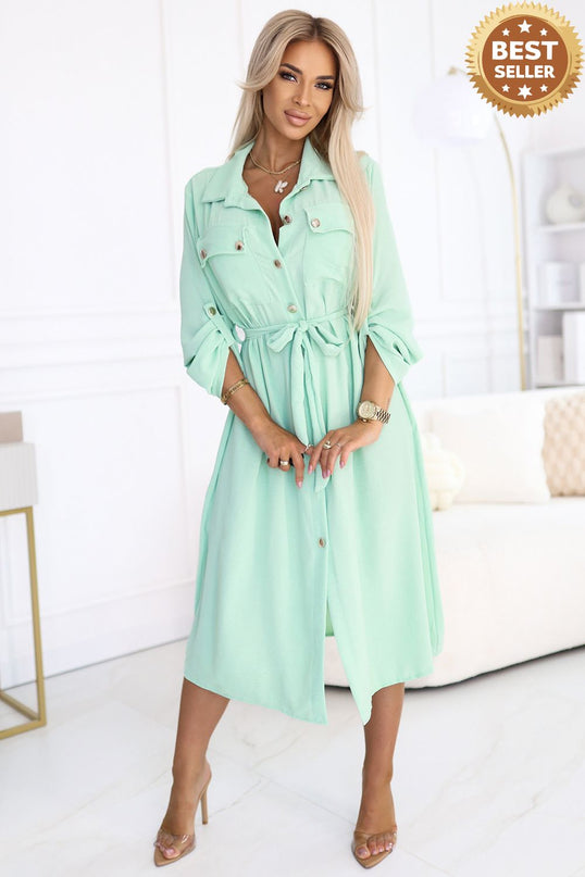 Light Mint Midi Shirt Dress with Gold Buttons and Tie