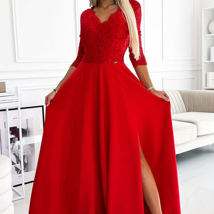 Red Lace Long Dress with Neckline and Leg Slit – Amber